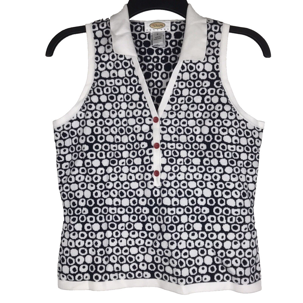 Vintage Talbots Petites Knit Tank Top Collared Sleeveless Navy Blue White Sz P